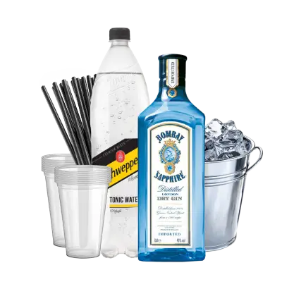 בומבי + קרח + טוניק + כוסות + קשים