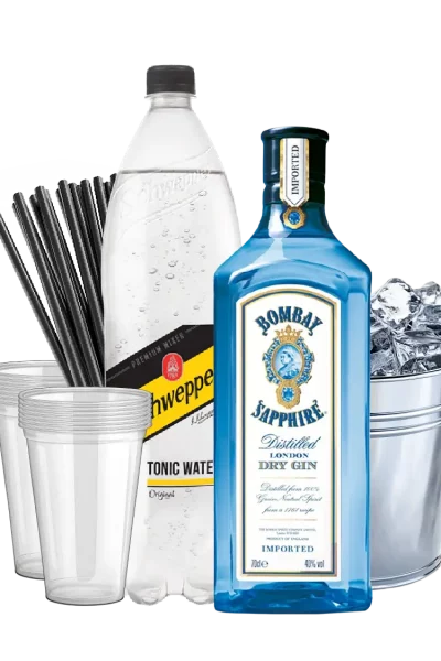 בומבי + קרח + טוניק + כוסות + קשים
