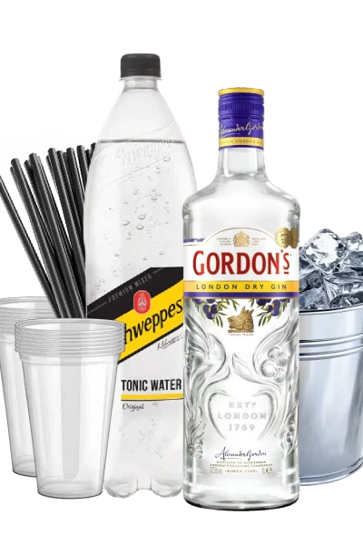 גורדון + קרח + טוניק + כוסות + קשים